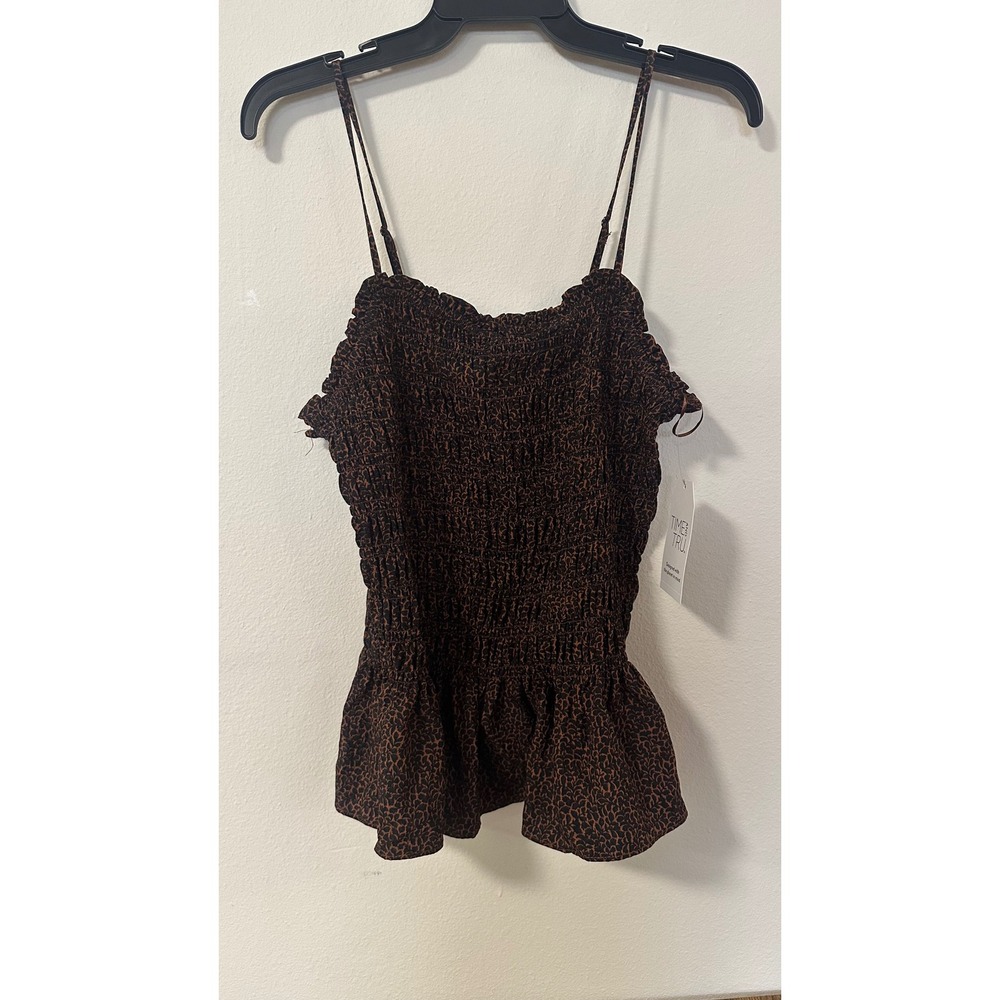Time and Tru Women Smocked Cami Peplum Top Brown Leopard Print Animal size L